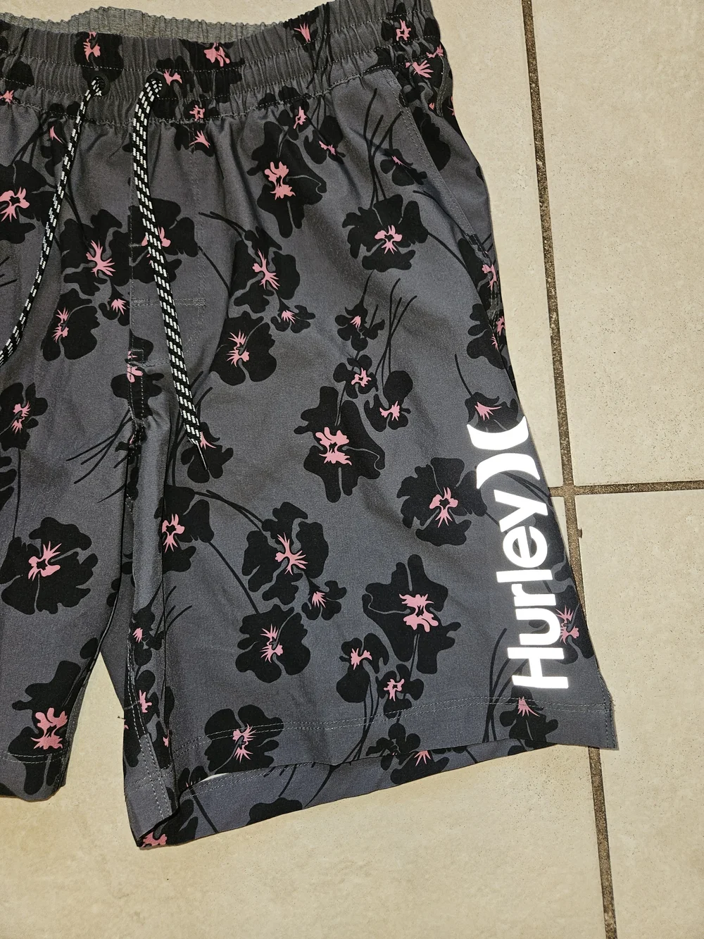 Hurley Men's Gray Swim Hybrids with Black Floral and Pink Accents